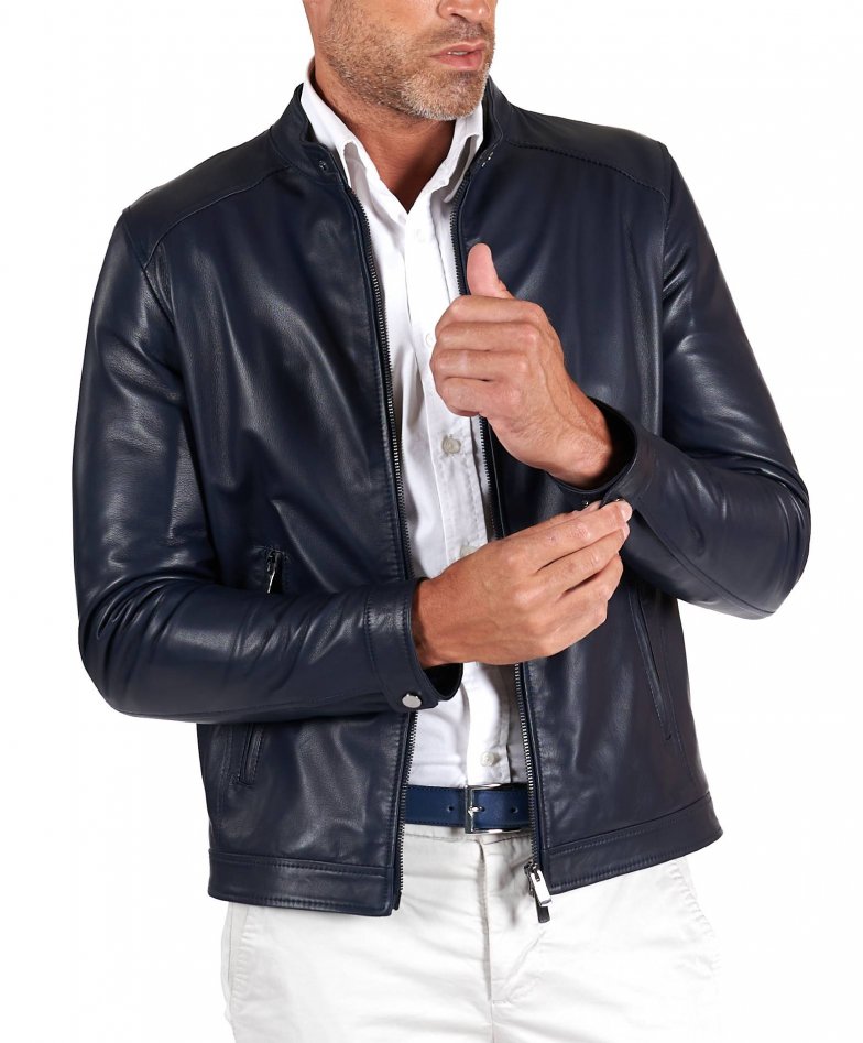 Blaue naturleder jacke biker...