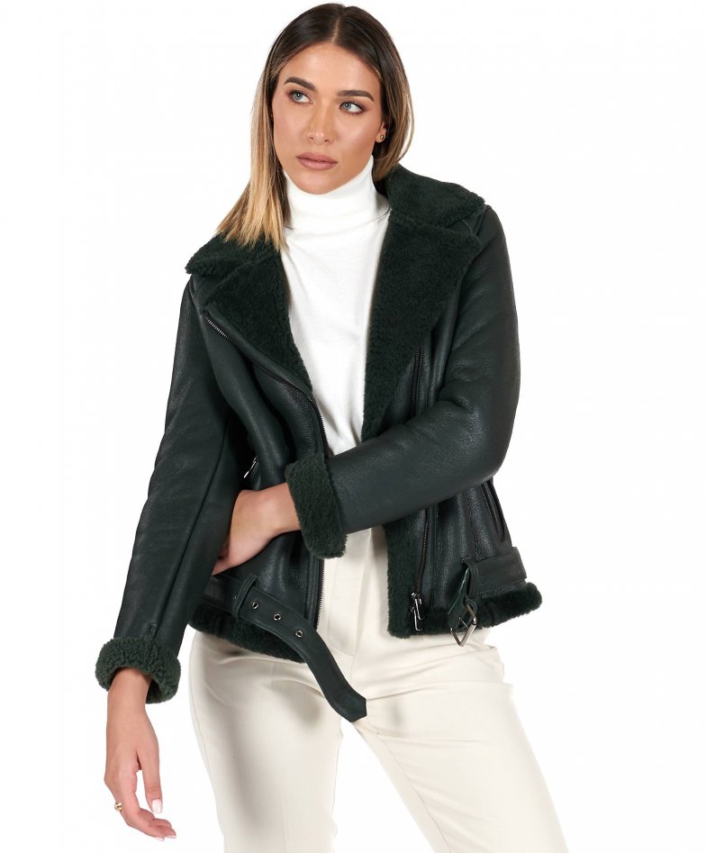 Grüne Schaffellbikerjacke...