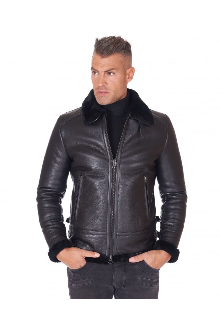 Schwarze lederjacke wildleder Hemdkragen mit Schnalle