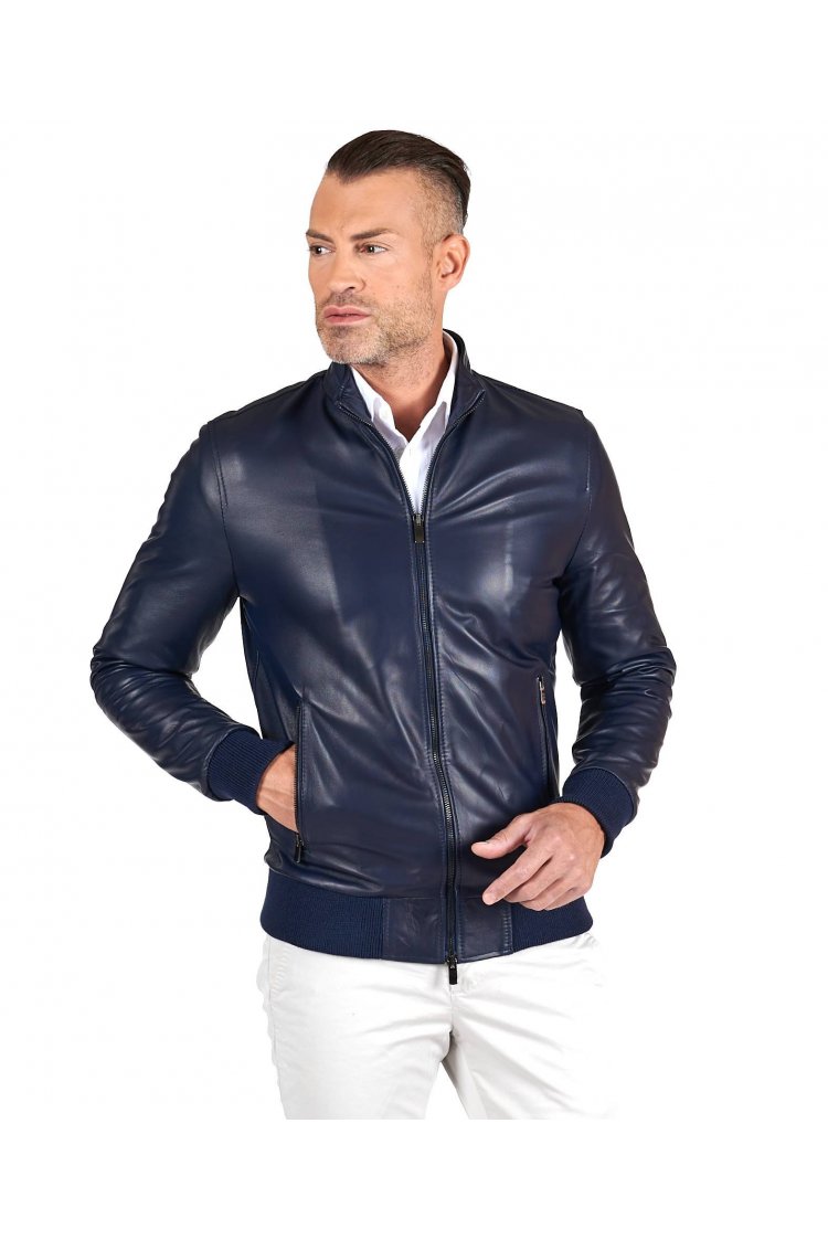 Blaue bomber lederjacke nappaleder glatter Effekt