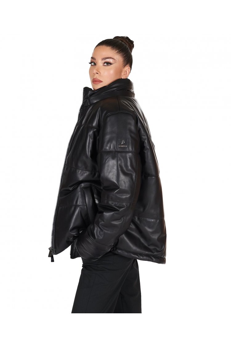 Schwarze Übergroße Kurze Daunenjacke aus Leder für damen