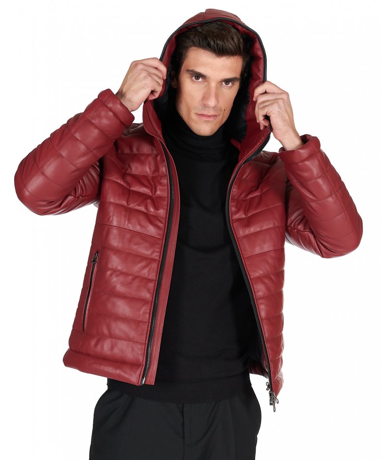 Burgunder daunenjacke aus leder mit...