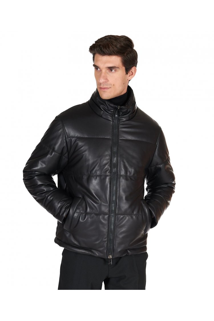 Schwarze Übergroße Kurze Daunenjacke aus Leder für Herren