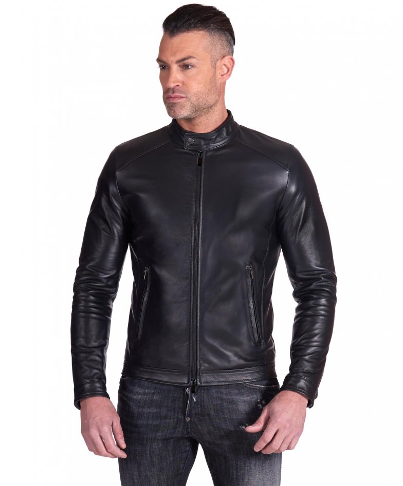 Schwarze lederjacke mit koreanischem...