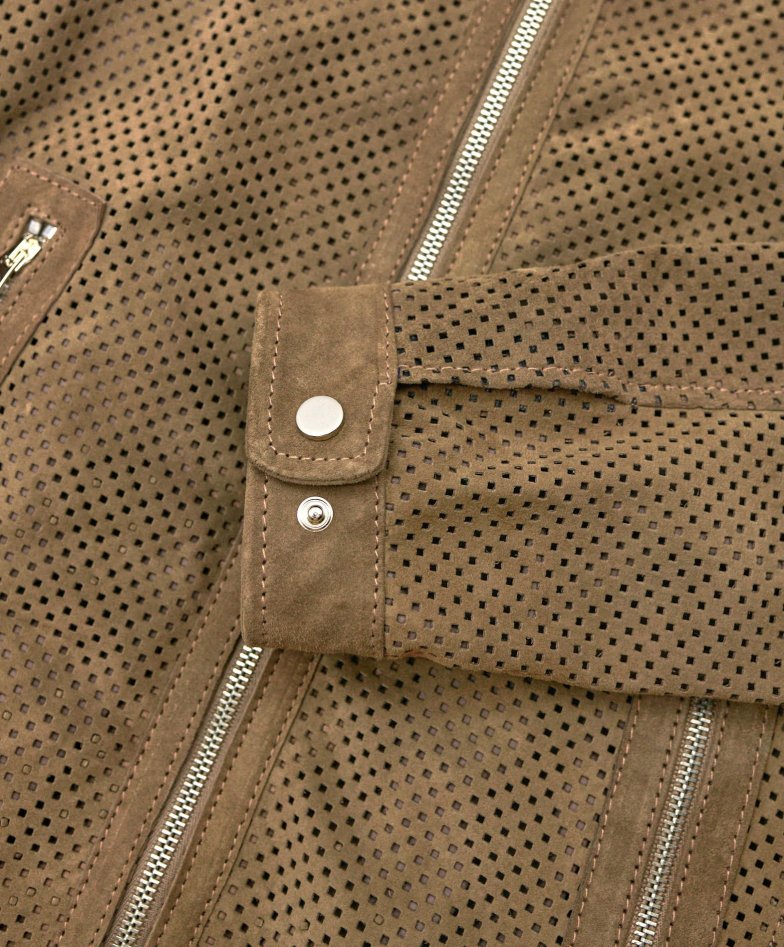 Taupe perforierte wildlederjacke...