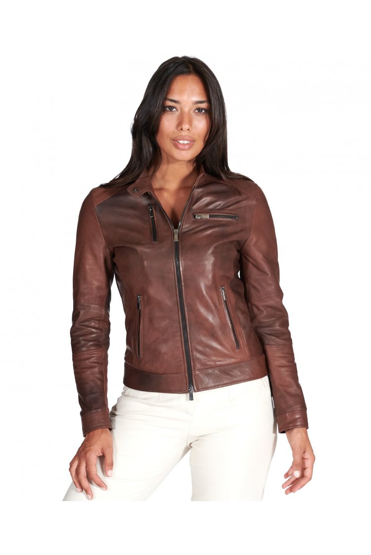 Braune Bikerjacke Naturleder vier Taschen glatter-Effekt