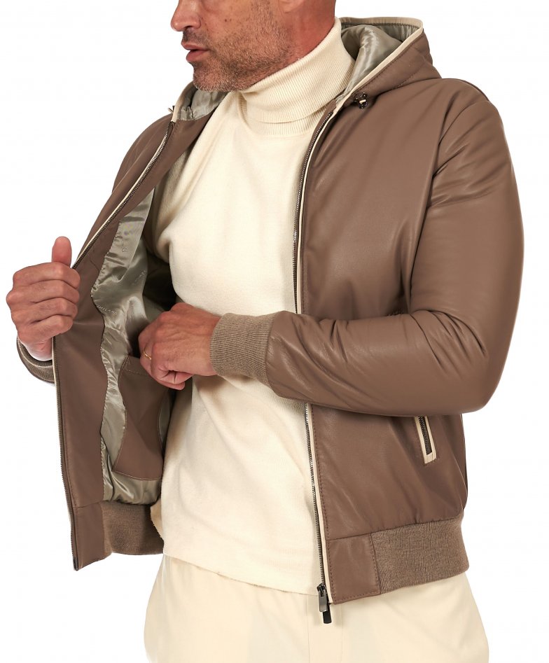 Taupe Bomber lederjacke mit Kapuze...