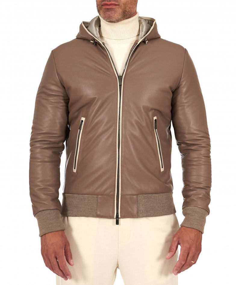 Taupe Bomber lederjacke mit Kapuze...