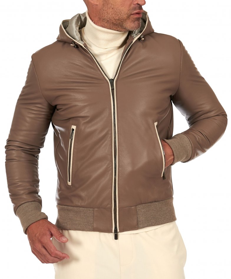 Taupe Bomber lederjacke mit Kapuze...