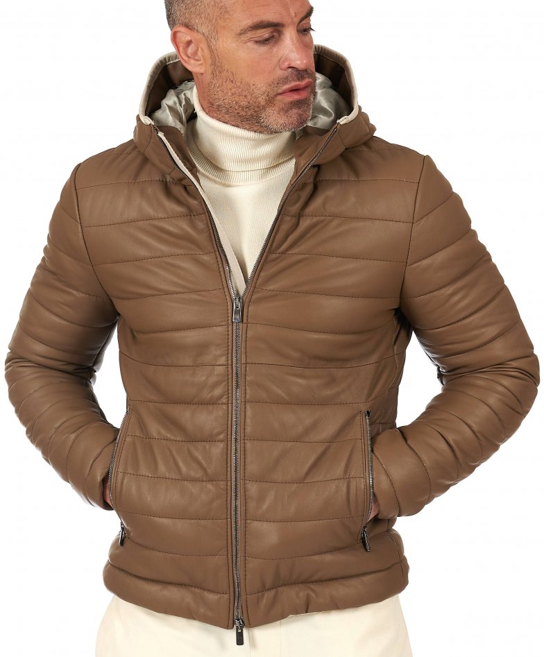 Taupefarbene leder daunenjacke kapuze...