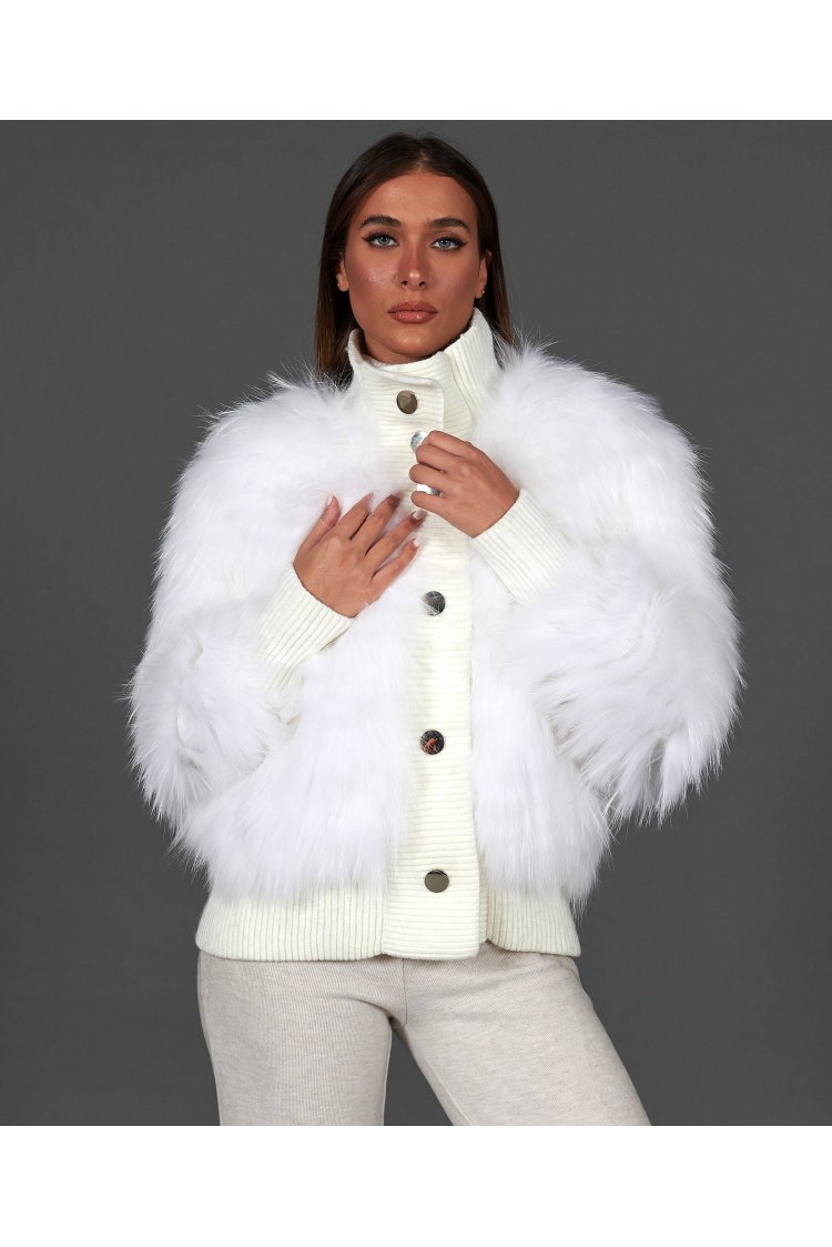 Bomber Jacke aus filetierte Fuchspelz mit Druckknöpfe • weiße Farbe 