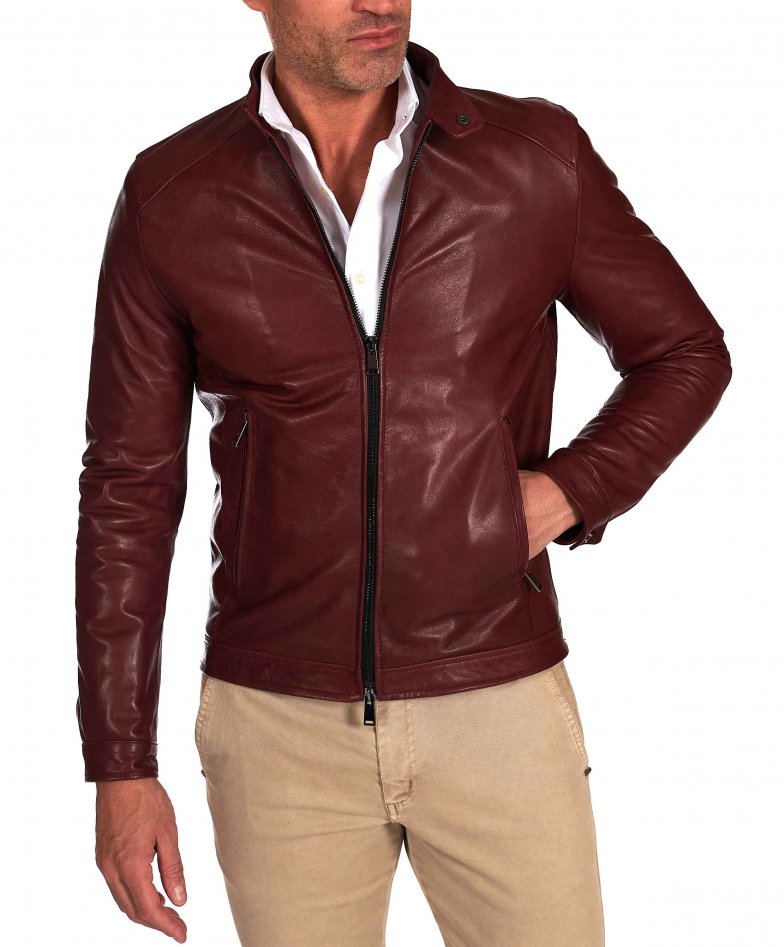 Burgunder lederjacke biker lammleder...