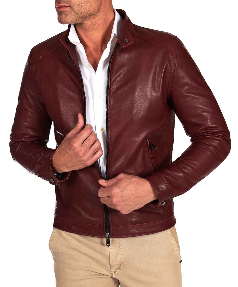 Burgunder lederjacke biker lammleder...