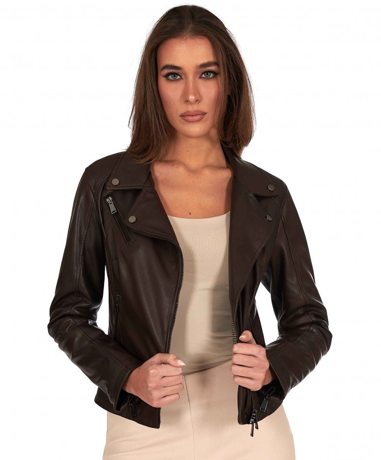 Dunkelbraune biker-lederjacke mit...