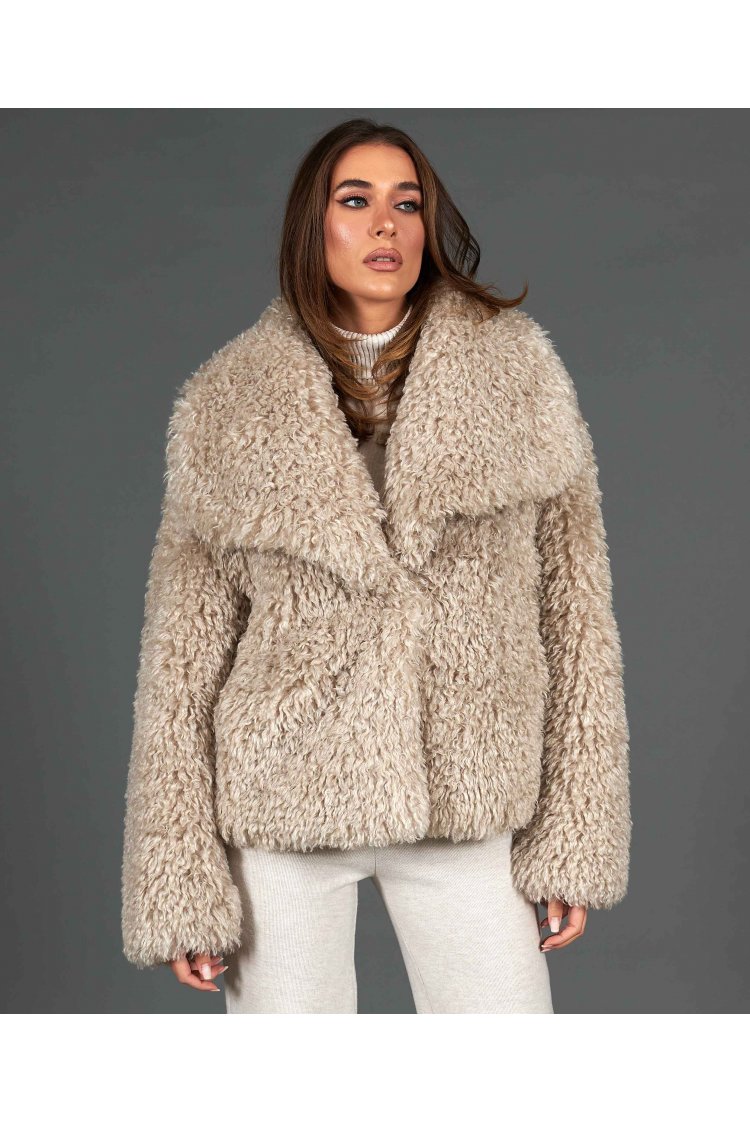 Mongolische Pelzjacke mit lange Ärmel • beige Farbe 