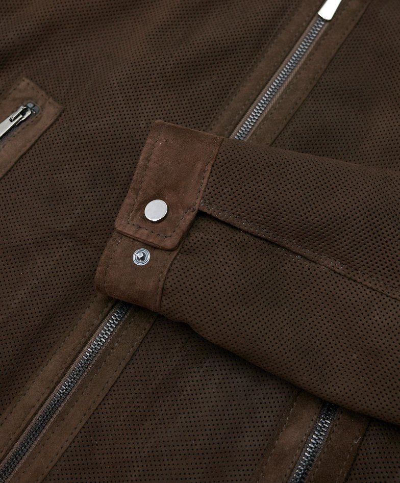 Dunkelbraune perforierte lederjacke...