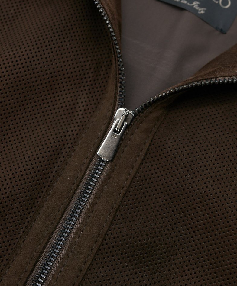 Dunkelbraune perforierte lederjacke...