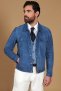Giacca pelle camoscio blu denim bottoni e collo camicia