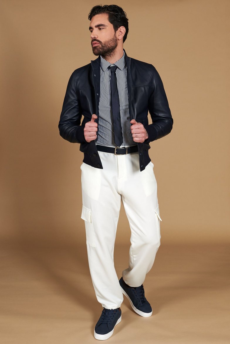Dunkel blaue bomber lederjacke mit...