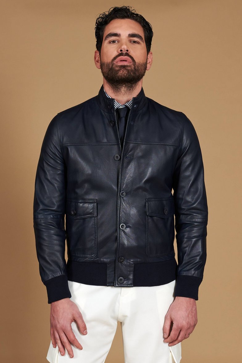 Dunkel blaue bomber lederjacke mit...