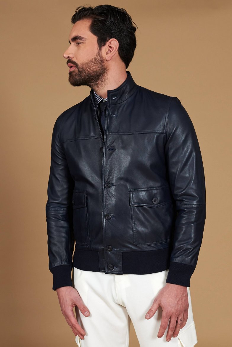 Dunkel blaue bomber lederjacke mit...