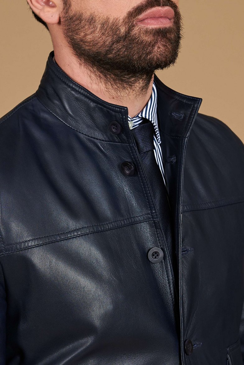 Dunkel blaue bomber lederjacke mit...
