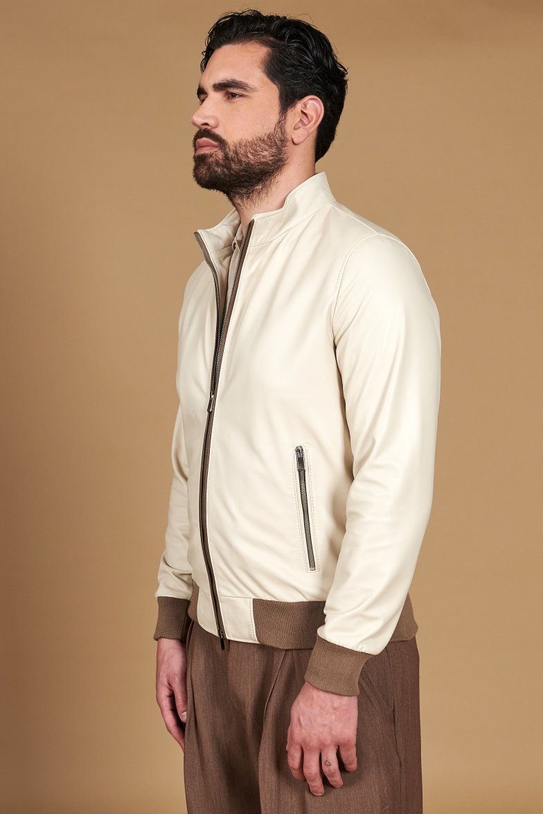 Bomber cremefarben lederjacke mit...