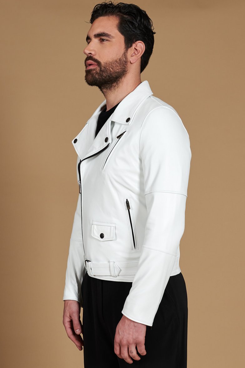 Chiodo biker weiße lederjacke...