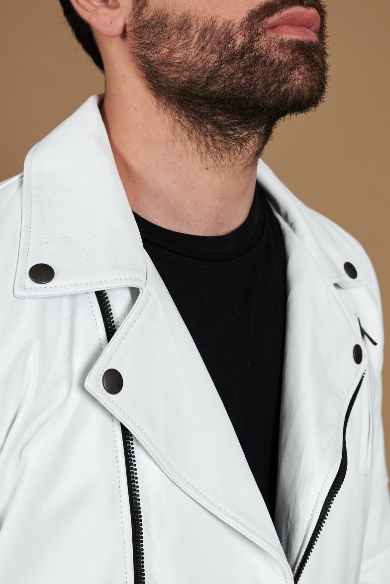 Chiodo biker weiße lederjacke...