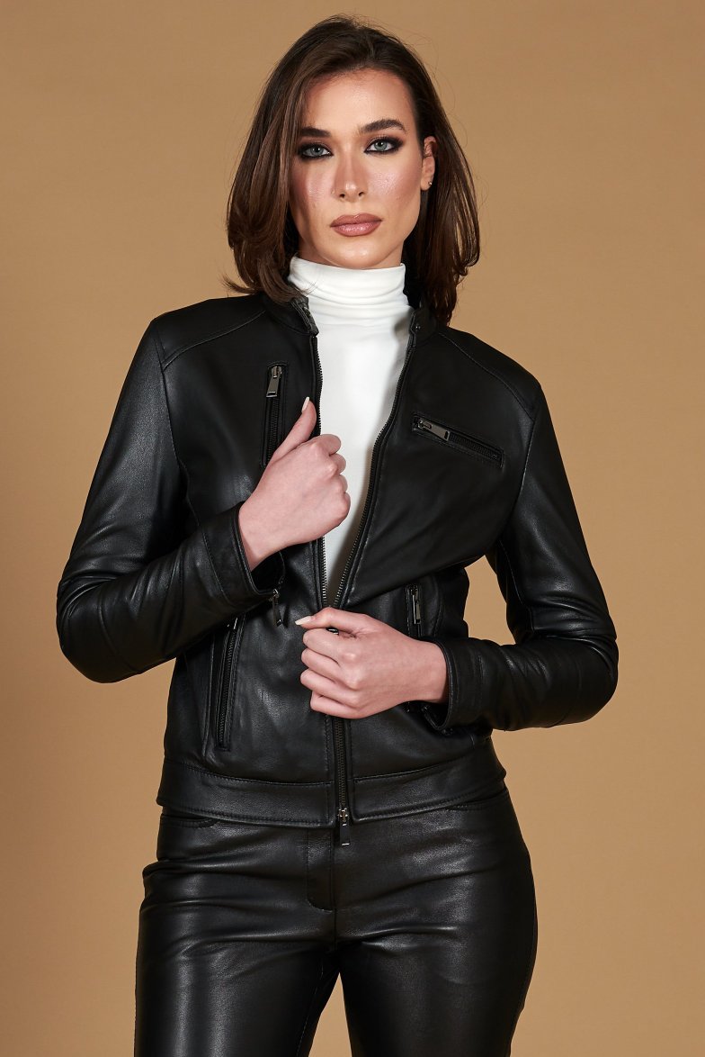 schwarze lammlederjacke aus nappa mit...