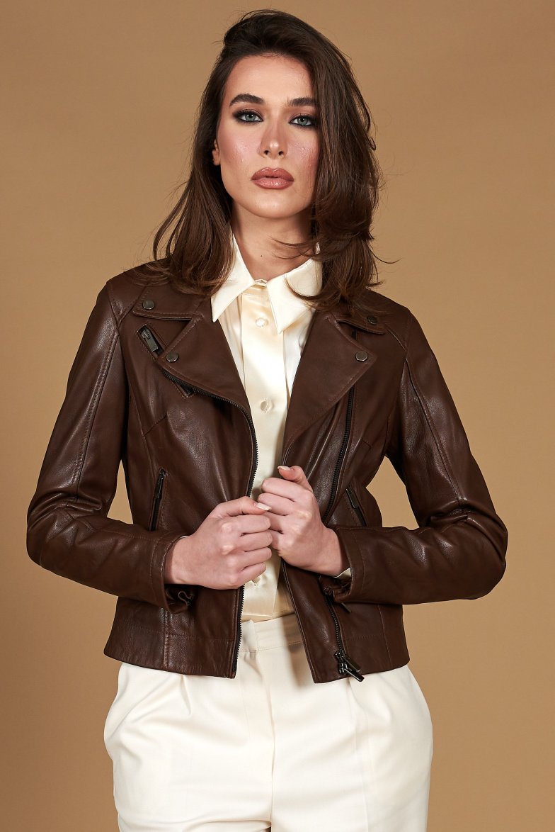 Wolkig braune bikerjacke aus...