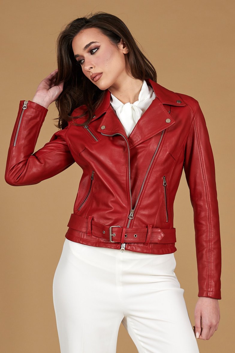 Chiodo rote bikerjacke aus leder mit...