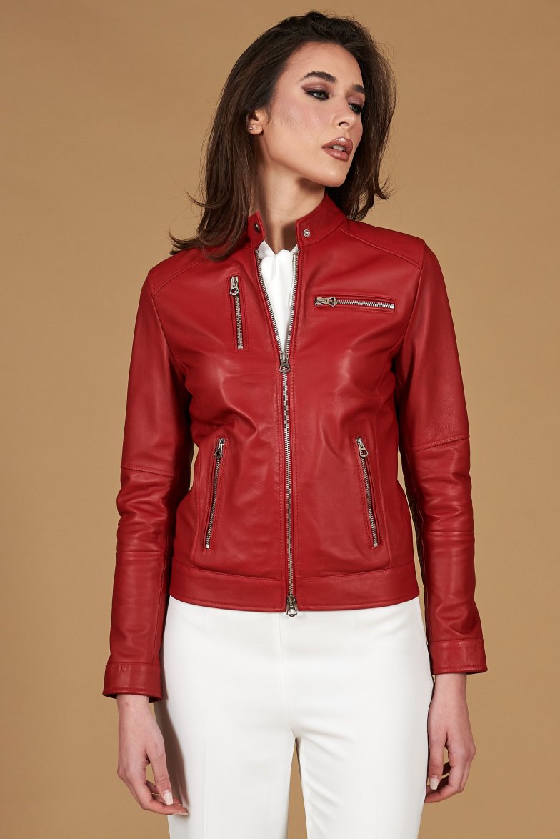 rote nappa lammlederjacke mit glatter...