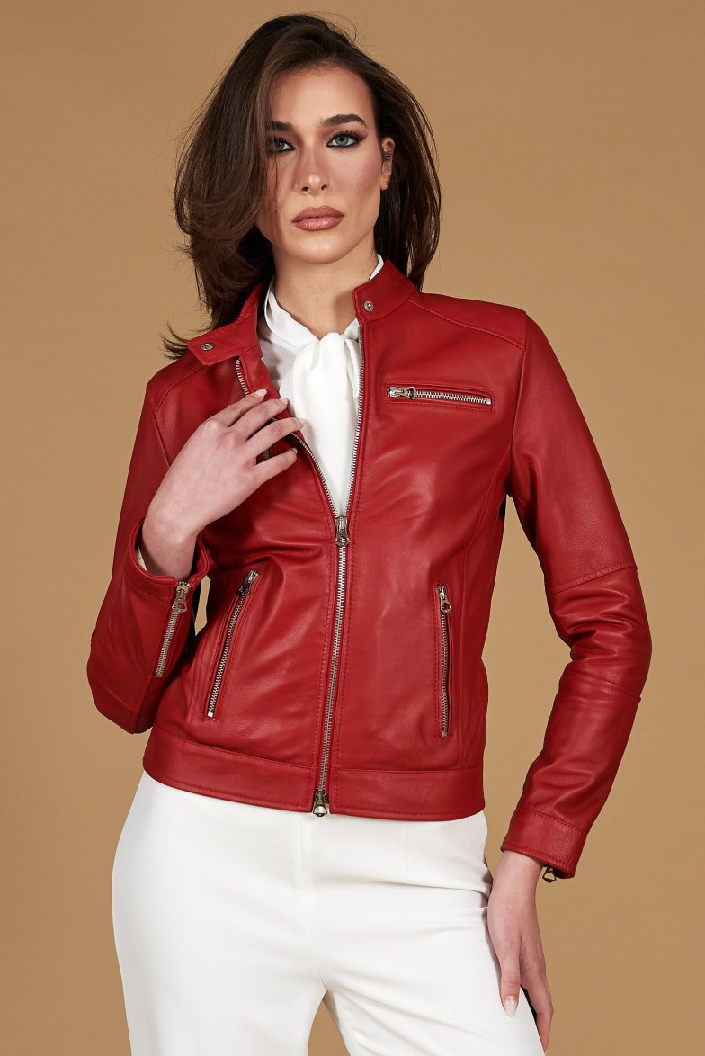 rote nappa lammlederjacke mit glatter...