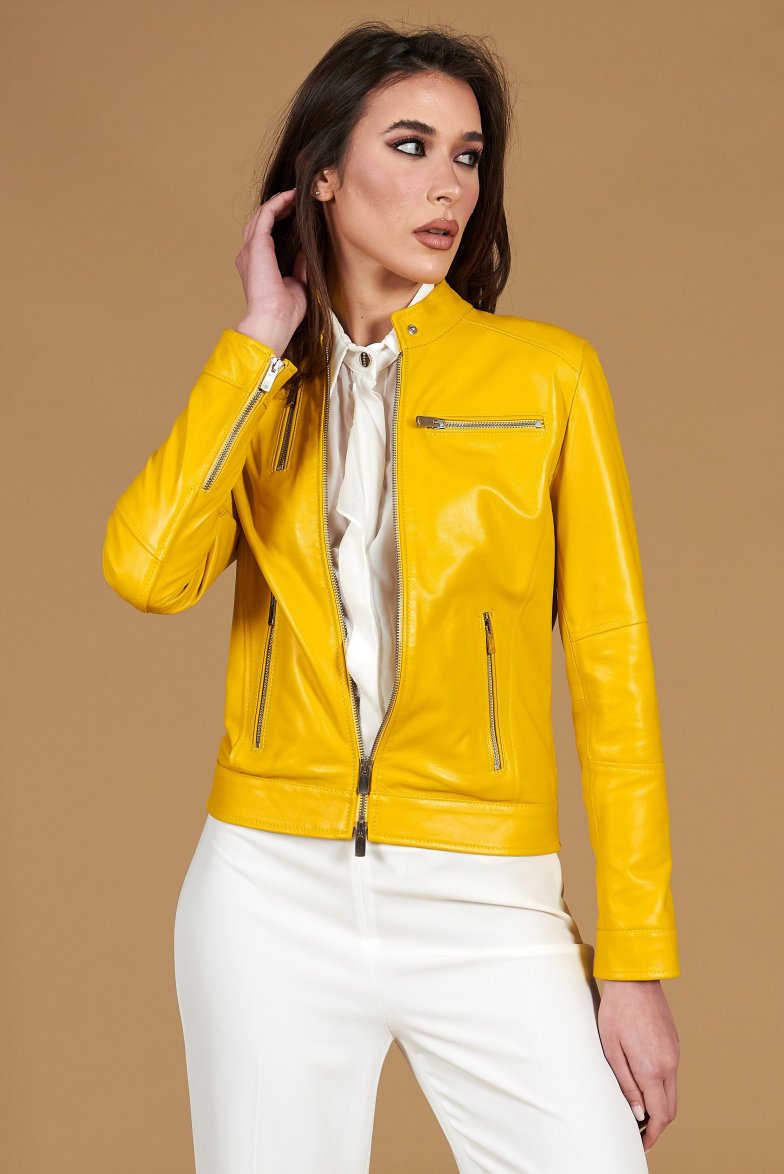Gelbe bikerlederjacke naturleder...