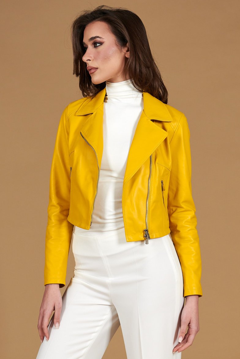 Gelbe kurze lederjacke naturleder...