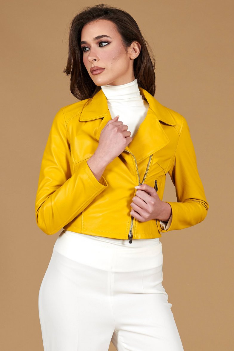 Gelbe kurze lederjacke naturleder...