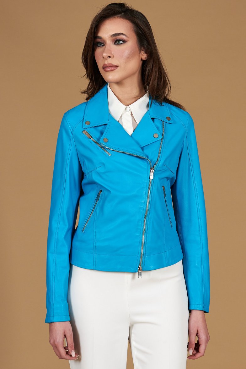 Hellblaue bikerjacke aus naturleder...