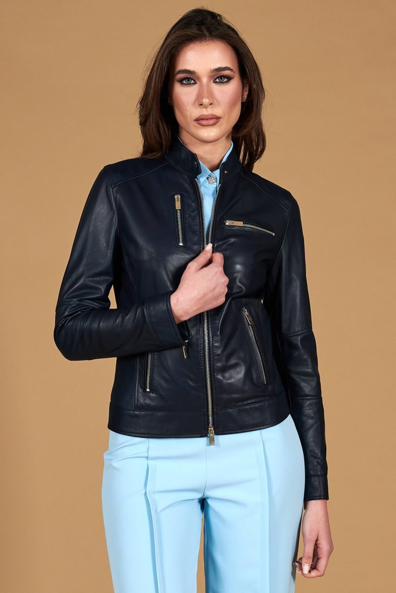 Dunkelblaue lederjacke bikerjacke...