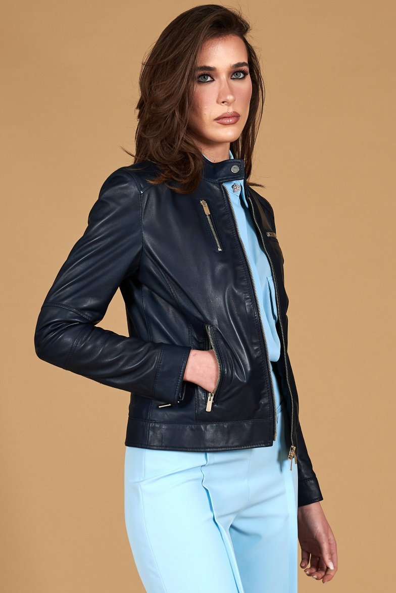Dunkelblaue lederjacke bikerjacke...