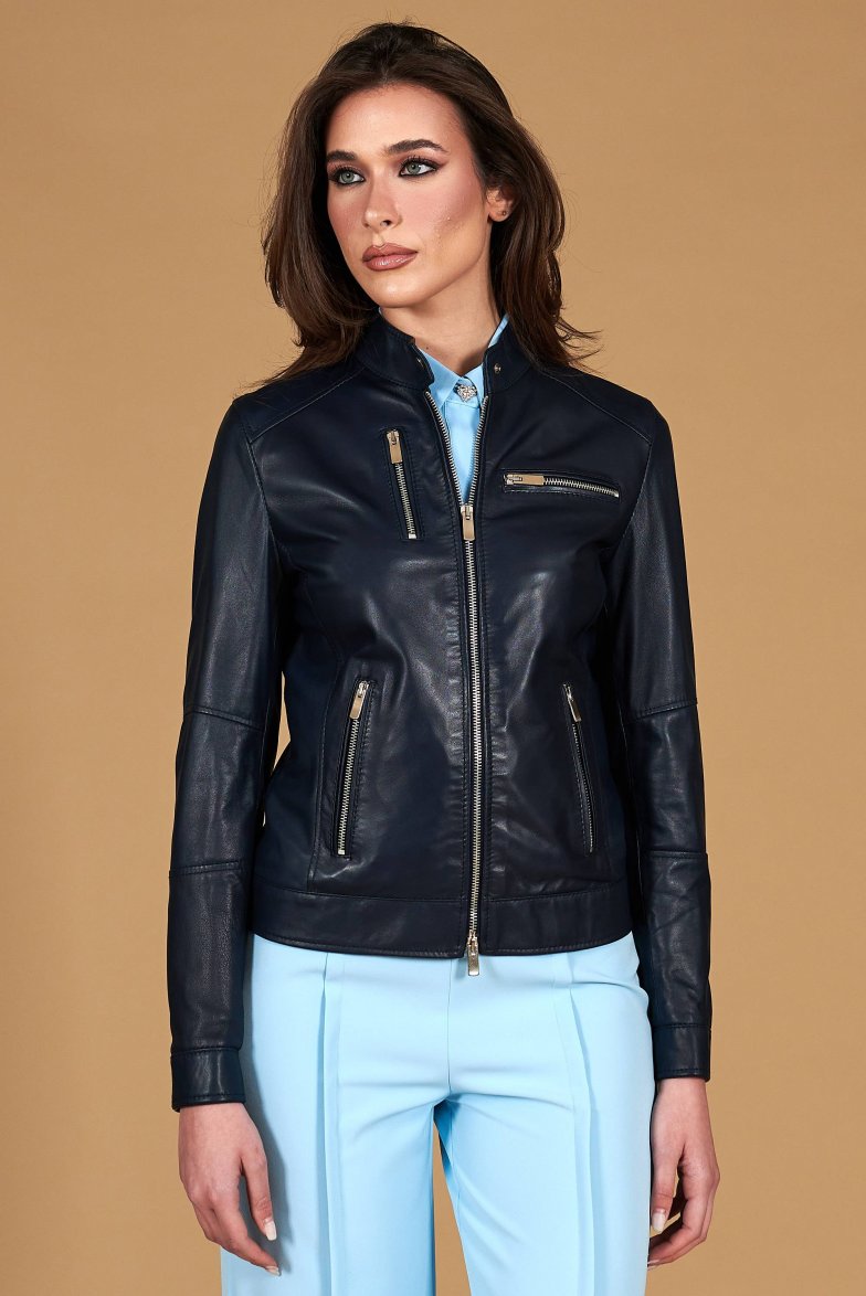 Dunkelblaue lederjacke bikerjacke...