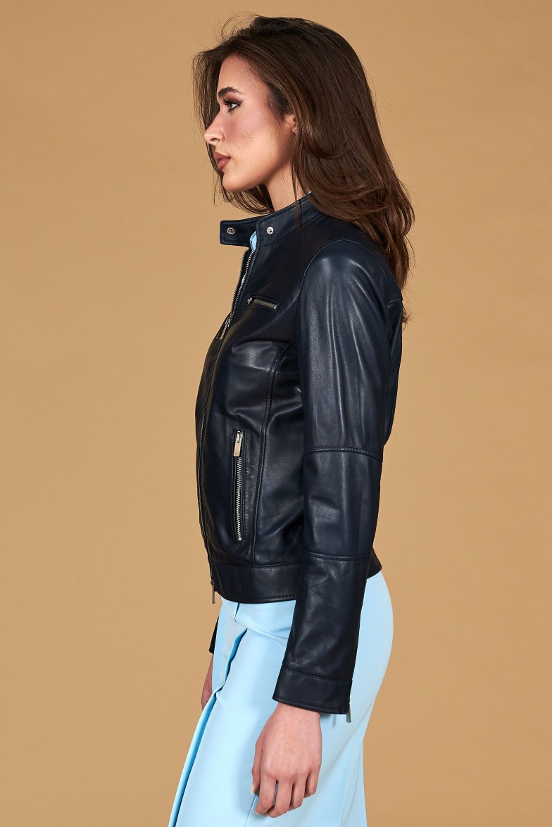 Dunkelblaue lederjacke bikerjacke...