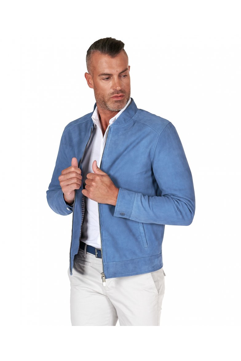 Denim blaue lederjacke wildleder mit...