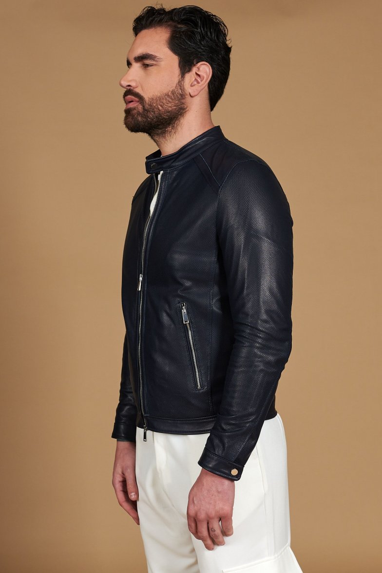 Blaue perforiertes Lederjacke...