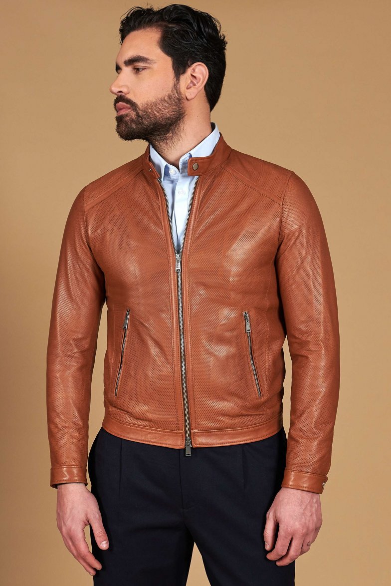 Lederfarben perforiertes Lederjacke...