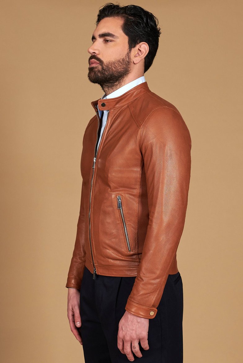 Lederfarben perforiertes Lederjacke...