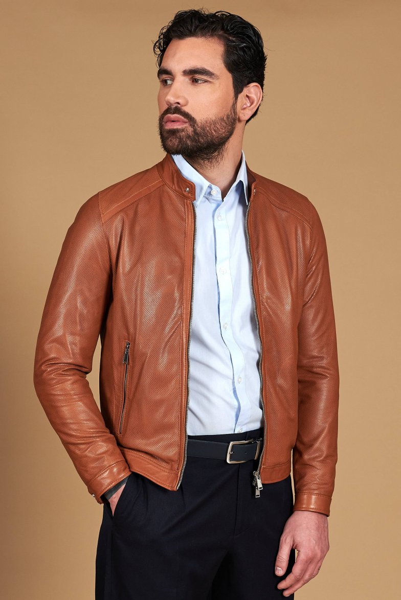 Lederfarben perforiertes Lederjacke...