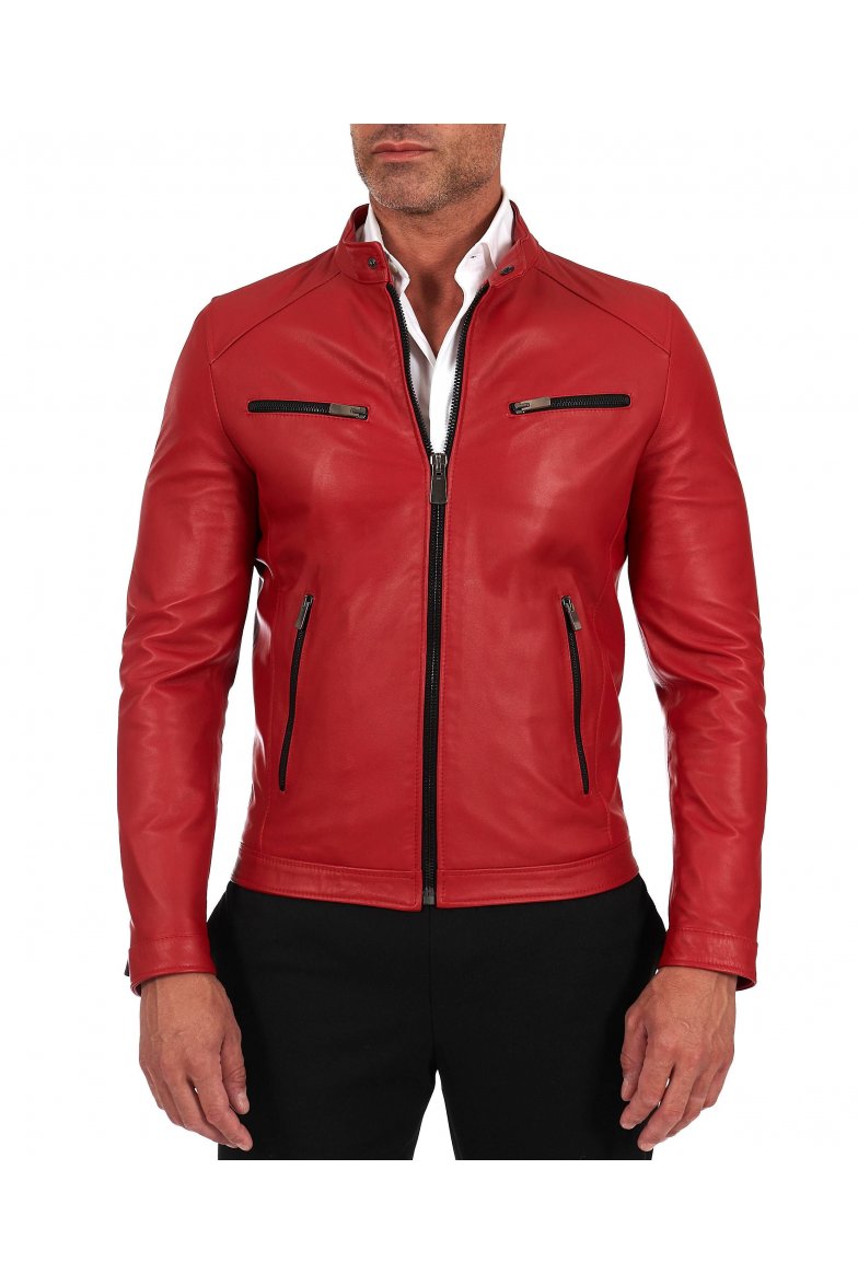 Rote lederjacke mit vier taschen...