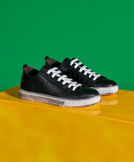 Schwarze Leder Sneakers Schuh für Männer mit Kroko-print