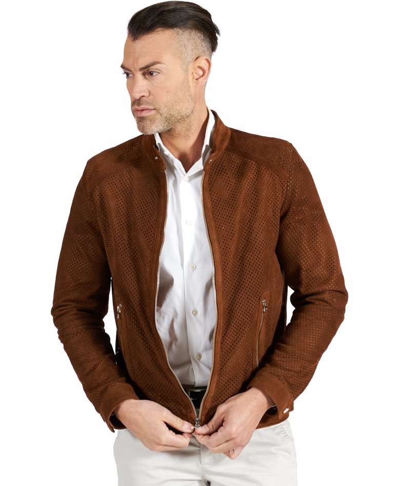 Lederfarben perforierte lederjacke...